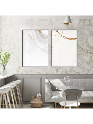 Harikabirev|gold-Beyaz Minimal Soyut Kombini |temperli Çerçeveli Cam Tablo  2li Dikey