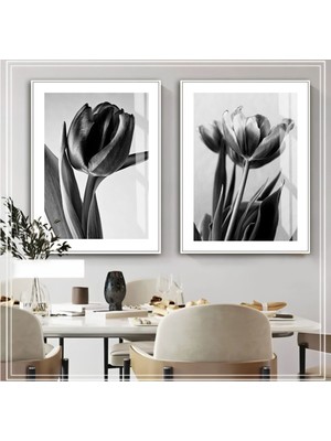 Harikabirev|beyaz-Siyah Çiçek Kombini Yeni 02 |çerçeveli Cam Tablo  2li Dikey