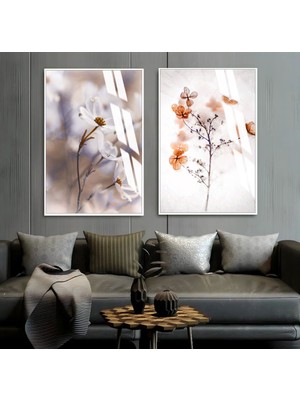 Harikabirev|soft Beyaz Kahve Çiçek Kombini |çerçeveli Cam Tablo  2li Dikey