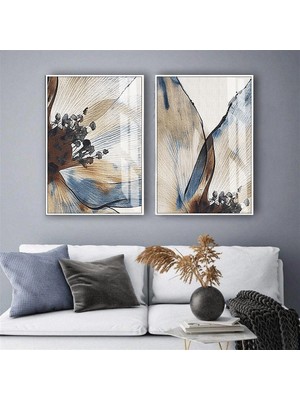 Harikabirev|krem-Gri Çiçek Kombini |temperli Çerçeveli Cam Tablo  2li Dikey