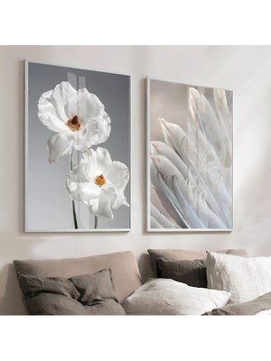 Harikabirev|gri Beyaz Renk Sevilen Çiçek Tüy Kombini |çerçeveli Cam Tablo  2li Dikey