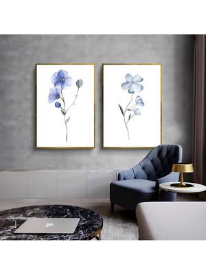 Harikabirev|beyaz-Mavi Çiçek Kombini 01 |çerçeveli Cam Tablo  2li Dikey