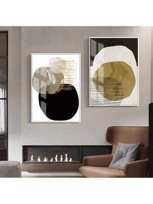 Harikabirev|sarı-Siyah-Gri Soyut Abstract Kombin 4 |çerçeveli Cam Tablo  2li Dikey