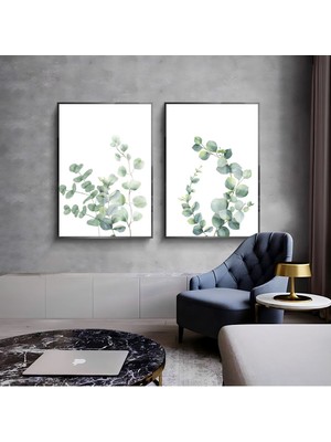 Harikabirev|beyaz-Yeşil Yaprak Dalları Kombini 01 |çerçeveli Cam Tablo  2li Dikey