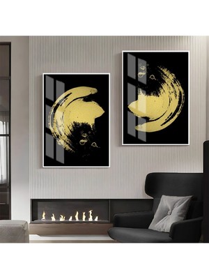 Harikabirev|gold-Siyah Abstract Şekil Kombin 01 |çerçeveli Cam Tablo  2li Dikey