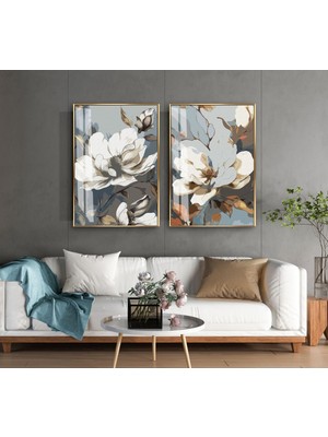 Harikabirev|soft Lacivert-Beyaz Çiçek Desenli Kombin 01 |temperli Çerçeveli Cam Tablo  2li Dikey