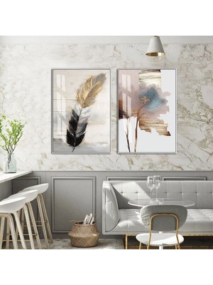 Harikabirev|gold-Gri Renk Soyut Çiçek Tüy Konmbin |temperli Çerçeveli Cam Tablo  2li Dikey
