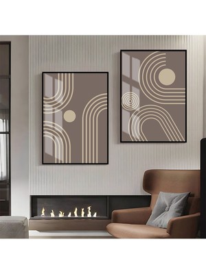 Harikabirev|krem-Gri Desenli Soyut Kombini 001 |çerçeveli Cam Tablo  2li Dikey