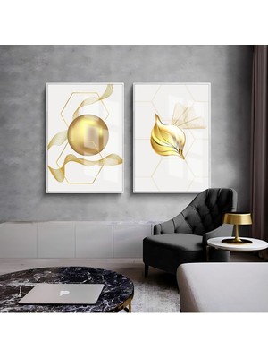 Harikabirev|beyaz-Gold Soyut Kombin 01 |çerçeveli Cam Tablo  2li Dikey