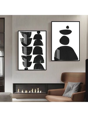 Harikabirev|siyah-Beyaz Abstract Kombin 1 |çerçeveli Cam Tablo  2li Dikey