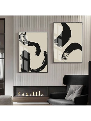 Harikabirev|siyah-Bej Desenli Soyut Kombini 1 |çerçeveli Cam Tablo  2li Dikey