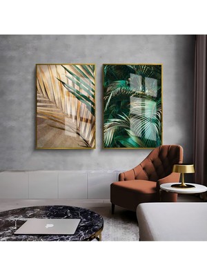 Harikabirev|yeşil-Gold Palmiye Yaprakları Kombini 02 |çerçeveli Cam Tablo  2li Dikey