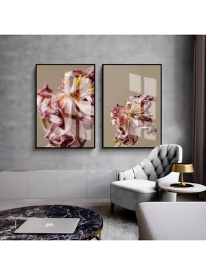 Harikabirev|bej-Gül Kurusu Kadife Çiçek Kombini 01 |çerçeveli Cam Tablo  2li Dikey