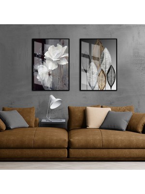 Harikabirev|sevilen Çiçek ve Yaprak Kombini Sağ |çerçeveli Cam Tablo 2li Dikey