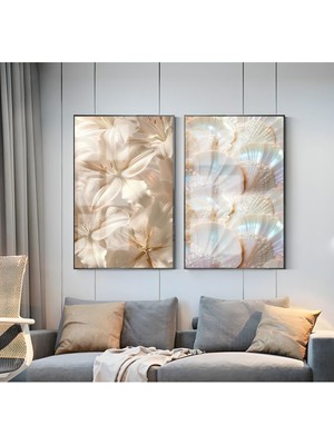 Harikabirev|krem Deniz Kabuğu & Çiçek Kombin 01 |çerçeveli Cam Tablo  2li Dikey