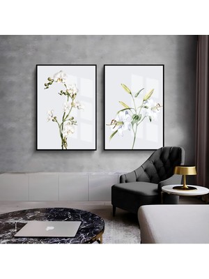 Harikabirev|gri-Yeşil-Beyaz Orkide Kombini 1 |çerçeveli Cam Tablo  2li Dikey