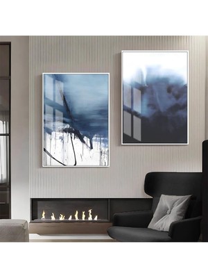 Harikabirev|mavi-Beyaz Soyut Kombin Modeli 1 |çerçeveli Cam Tablo  2li Dikey