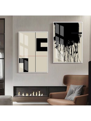 Harikabirev|siyah-Bej Soyut Abstract Kombin 01 |çerçeveli Cam Tablo  2li Dikey
