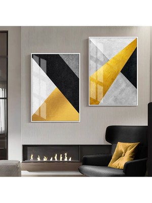 Harikabirev|siyah-Gold-Beyaz Şekilli Soyut Kombini 1 |çerçeveli Cam Tablo  2li Dikey