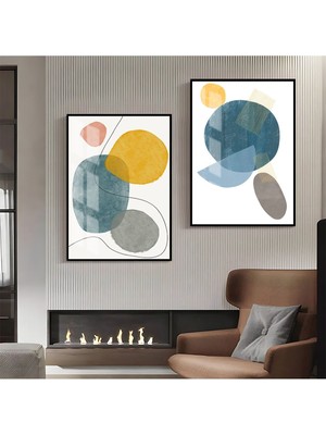 Harikabirev|sarı-Mavi-Turuncu Soyut Abstract Kombini 2 |çerçeveli Cam Tablo  2li Dikey