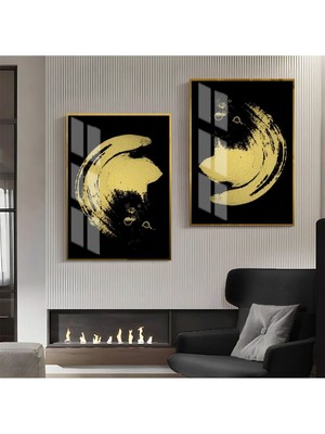 Harikabirev|gold-Siyah Abstract Şekil Kombin 01 |çerçeveli Cam Tablo  2li Dikey
