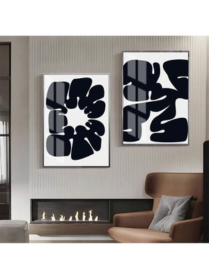 Harikabirev|siyah- Beyaz Soyut Şekil Kombin 08 |çerçeveli Cam Tablo  2li Dikey