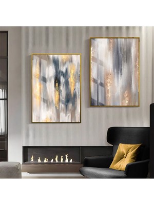 Harikabirev|sarı-Gold-Gri Desenli Soyut Kombini 001|ÇERÇEVELİ Cam Tablo  2li Dikey