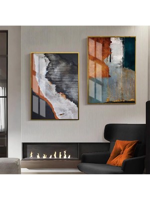 Harikabirev|turuncu-Siyah-Gold Soyut Abstract Kombini |çerçeveli Cam Tablo  2li Dikey