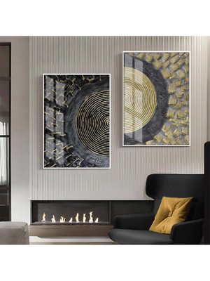 Harikabirev|gri-Gold-Siyah Abstract Kombin 04 |çerçeveli Cam Tablo  2li Dikey