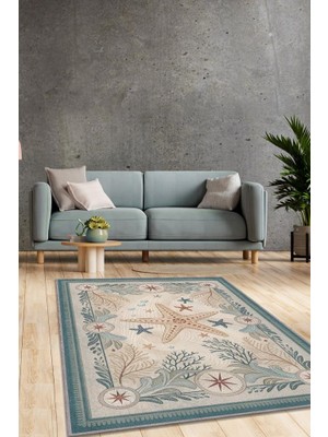 Homshtag Nuh'un Gemisi Koleksiyonu Deniz Yıldızı Temalı Çiçekli Krem Renk Bordürlü Şık Konsept Halı