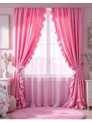 Fırfırlı Pembe Vintage Pamuk Keten Perde (En x Boy) - Tek Kanat