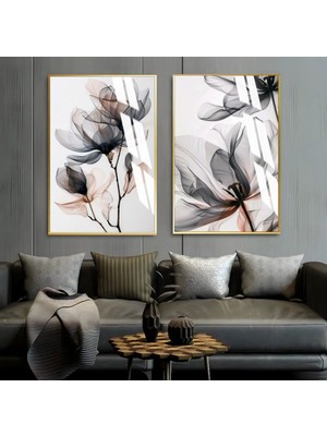 Harikabirev|soft Siyah Kırmızı Çiçekler 1|çerçeveli Cam Tablo  2li Dikey