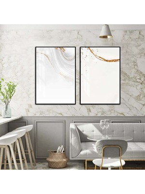 Harikabirev|gold-Beyaz Minimal Soyut Kombini |temperli Çerçeveli Cam Tablo  2li Dikey