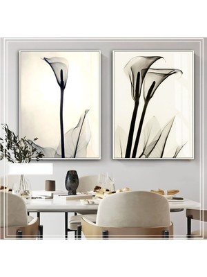 Harikabirev|krem Siyah Bitki Kombini 01 |çerçeveli Cam Tablo  2li Dikey