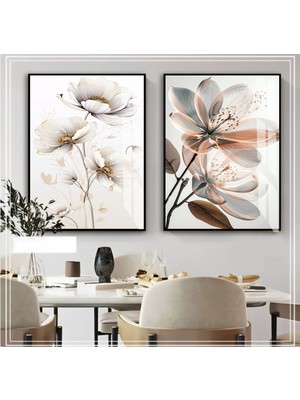 Harikabirev|soft Renkler Çiçek Kombini 01|çerçeveli Cam Tablo  2li Dikey