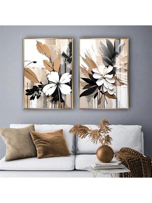 Harikabirev|bej-Beyaz-Siyah Çiçek Kombini |temperli Çerçeveli Cam Tablo  2li Dikey