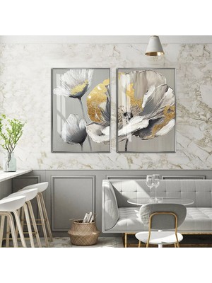 Harikabirev|gri-Gold Minimal Çiçek Kombini Iı |temperli Çerçeveli Cam Tablo  2li Dikey