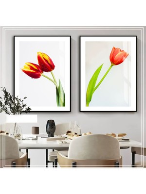 Harikabirev|yeşil-Kırmızı Soft Lale Kombini 01 |çerçeveli Cam Tablo  2li Dikey