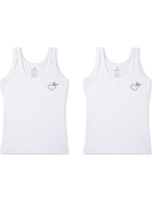 Kız Çocuk  Pamuklu Taş Baskı Detaylı Klasik Kalın Askılı Atlet 2'li Paket 4110 Beyaz