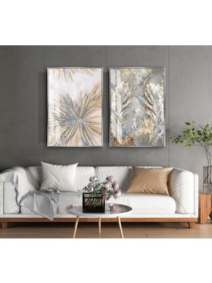 Harikabirev|soft Gri-Gold Soyut Yaprak Desenli Kombini |temperli Çerçeveli Cam Tablo  2li Dikey