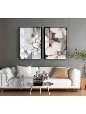 Harikabirev|soft Beyaz-Krem-Gri Soyut Çiçek Kombini 01 |temperli Çerçeveli Cam Tablo  2li Dikey