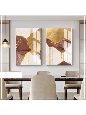 Harikabirev|kahverengi-Gold Renk Soyut Kombin Yeni|çerçeveli Cam Tablo  2li Dikey