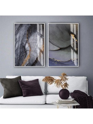 Harikabirev|mürdüm-Gold Soyut Kombini|temperli Çerçeveli Cam Tablo  2li Dikey