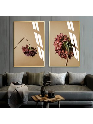 Harikabirev|bej-Kırmızı Çiçek Kombini 01 |çerçeveli Cam Tablo  2li Dikey