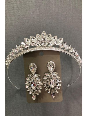Hayalperest Boncuk Hayalperest Gümüş Rengi Kristal Cam Taşlı Gelin Tacı Ve Küpe Takımı Kadınlar İçin Zarif Aksesuar