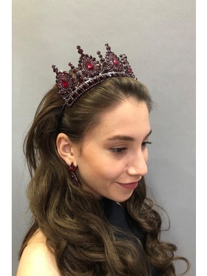 Hayalperest Boncuk Ahu Model Koyu Kırmızı Gelin Kına Tacı ve Küpesi