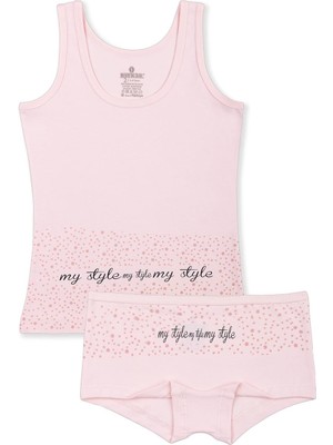 Kız Çocuk Pamuklu Likralı Renkli Yazı Baskılı Klasik Kalın Askılı Atlet Boxer Takım Tekli 4906 Pembe