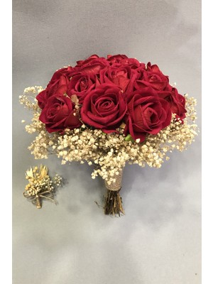 Hayalperest Boncuk Kadife Kırmızı Gül ve Krem Cipsolu Gelin Buketi