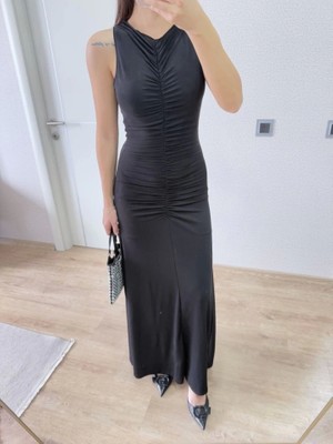 Defy Moda Kolsuz Büzgülü Uzun Elbise - Siyah