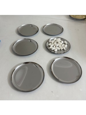 Elzem Tepsi Çelik Gümüş Renk 6 Adet Düz Mini Çerezlik Pasta Tatlı Tabağı 12 cm